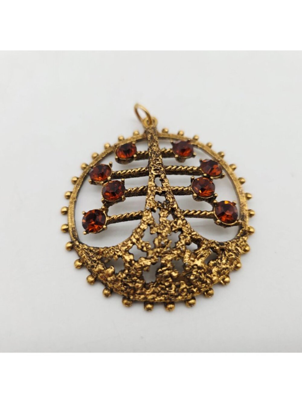 Gold Tone Filigree Pendant 8 Amber Rhinestones & Nuggets 1970s Vintage 2" - Picture 2 of 5